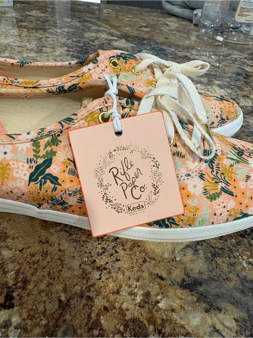 Keds Peach Floral Canvas Sneakers with Green Accents - Picture 3 of 6